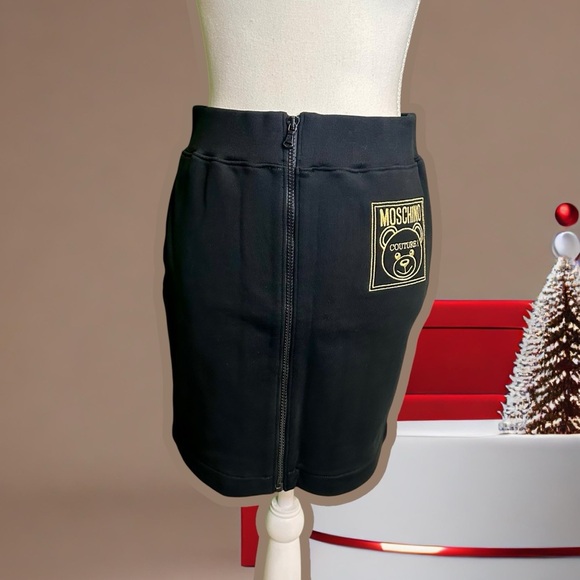 NWT Moschino Couture Black Zip-Up Terry Cotton Mini Skirt with Gold Bear Logo 6 - Picture 1 of 13